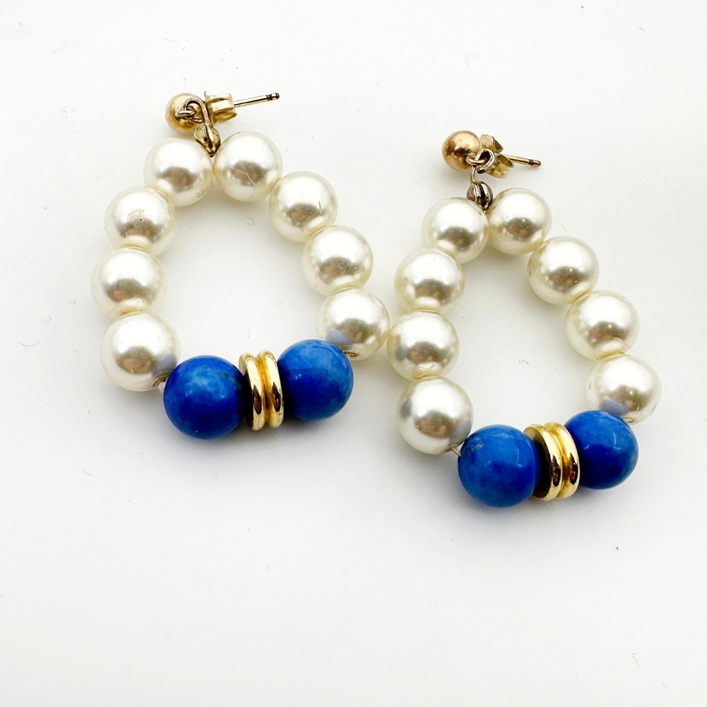 Vintage Faux Pearl Lapis Lazuli Bead Half Hoop Dropโ Earrings Gold Tone